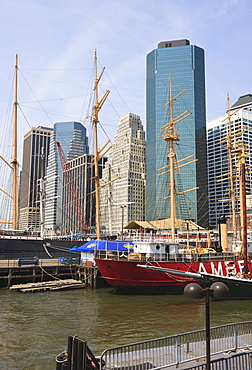 South Street Seaport and Lower Manhattan buildings, New York City, New York, United States of America, North America