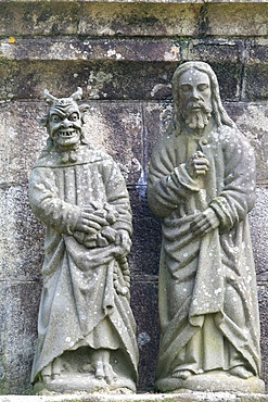 The Devil depicted in the Life of Jesus on the Plougonven calvary, Plougonven, Finistere, Brittany, France, Europe