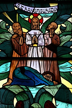 The Transfiguration in the stained glass window of Saint-Joseph des Fins church, Annecy, Haute Savoie, France, Europe