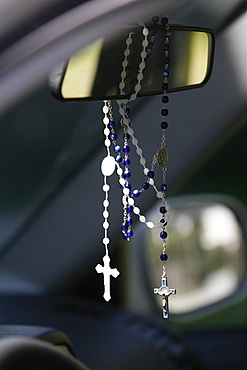 Rosaries in a car, Chatillon-sur-Chalaronne, Ain, France, Europe