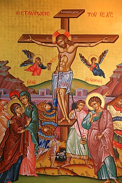 Greek Orthodox icon depicting Jesus' crucifixion, Thessalonica, Macedonia, Greece, Europe