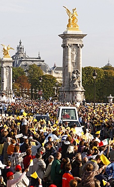 Crowd cheering the Pope during Holy Mass during Pope Benedict XVI 's visit to France, Paris, France, Europe