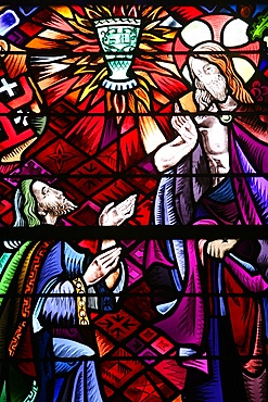 Stained glass window of the Holy Grail, Romance of St. Graal, Trehorenteuc, Morbihan, Brittany, France, Europe