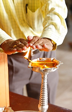 Oil lamp in Hindu temple, Dubai, United Arab Emirates, Middle East