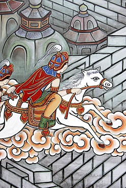 Prince Siddhartha escapes his palace, accompanied by Channa aboard his horse Kanthaka, scene from the life of the Buddha, Seoul, South Korea, Asia