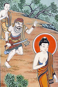 Depiction of the story of the Buddha distracting murderer Angulimala from killing his own mother and 100th murder victim, in the Life of Buddha, Seoul, South Korea, Asia