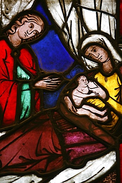 Stained glass of the birth of Isaac, son of Abraham and Sarah, Klosterneuburg, Austria, Europe