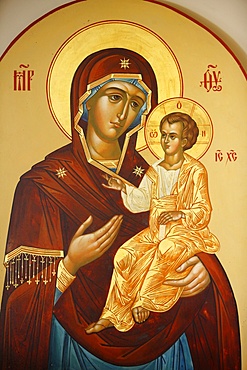 Icon of the Virgin and Child in Mary Magdalene Russian Orthodox church on Mount of Olives, Jerusalem, Israel, Middle East