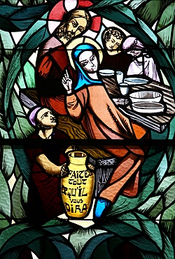 Stained glass window of the Cana wedding feast, Saint-Joseph des Fins church, Annecy, Haute Savoie, France, Europe