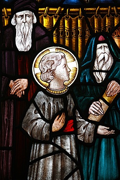 Jesus as a child in the temple with Mary and Joseph, 19th century stained glass in St. John's Anglican church, Sydney, New South Wales, Australia, Pacific