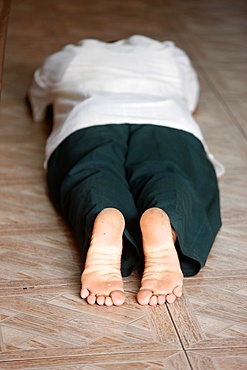 Prostration in Hindu temple, Dubai, United Arab Emirates, Middle East