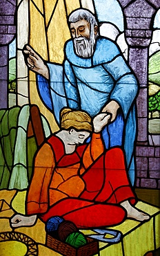 Stained glass of Elisha's miracle, Vienna, Austria