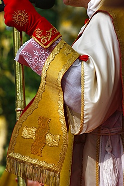 Mgr Bernard Fellay, head of Saint Pie X Fraternity, celebrating Mass during a traditional Catholic pilgrimage, Villepreux, Yvelines, France, Europe