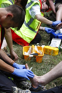 First aid for feet, traditionalist Catholic pilgrimage, Les Bordes, Yvelines, France, Europe