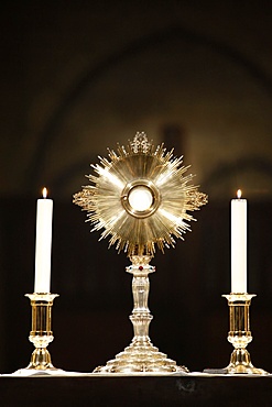 Holy sacrament and altar candles in Notre Dame de Paris cathedral, Paris, France, Europe