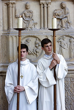 Altar boys outside Notre Dame de Paris Cathedral, Paris, France, Europe