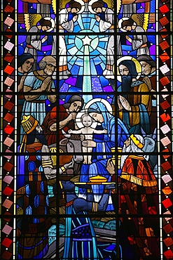 Stained glass of Nativity in Notre Dame du Rosaire Catholic church, Saint-Ouen, Seine-Saint-Denis, France, Europe