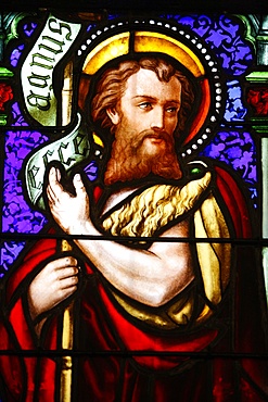 Stained glass of St. John the Baptist, in St. Paul's church, Lyon, Rhone, France, Europe