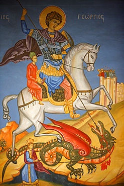 Greek Orthodox icon depicting St. George slaying a dragon in St. George's Orthodox church, Madaba, Jordan, Middle East