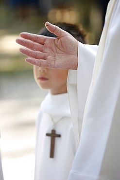 Priest and altar boy, La Roche-sur-Foron, Haute Savoie, France, Europe