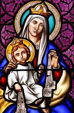 Virgin and Child on Mount Carmel, stained glass in Pont L'Abbe church, Pont L'Abbe, Finistere, Brittany, France, Europe