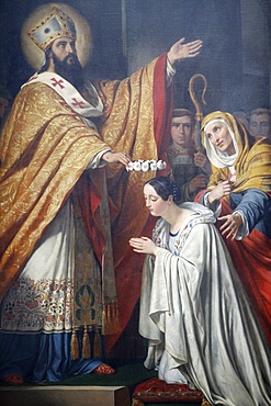 Painting of Saint Medard crowning a young virtuous girl by Louis Dupre, dating from 1837, Saint-Medard church, Paris, France, Europe