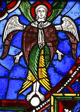 An angel in stained glass, International Stained Glass Centre, Chartres, Eure-et-Loir, France, Europe