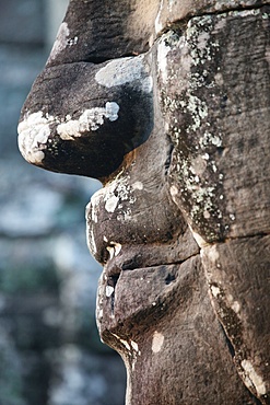 Detail of stone face, which may depict Jayavarman VII as a Bodhisattva, on towers in the Bayon Temple, Angkor Thom, Angkor, UNESCO World Heritage Site, Siem Reap, Cambodia, Indochina, Southeast Asia, Asia