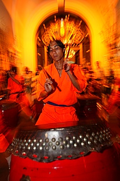 Drum and percussion music for the traditional Chinese New Year Lion Dance, Ho Chi Minh City, Vietnam, Indochina, Southeast Asia, Asia