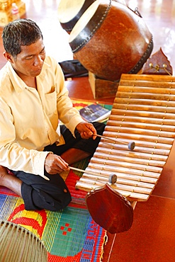 Gamelan instruments in a Cambodian pagoda, Siem Reap, Cambodia, Indochina, Southeast Asia, Asia