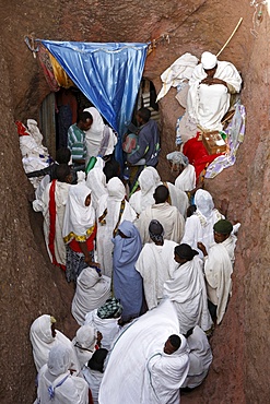 Pilgrims lining up to collect water from the Jordan River spring in Bieta Ghiorghis (St. George's House) church in Lalibela, Wollo, Ethiopia, Africa