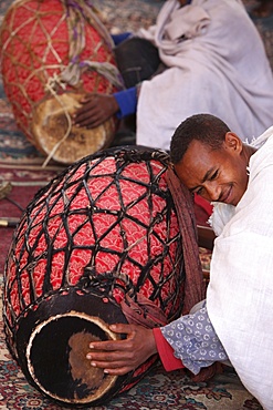 Celebration in Bet Maryam church courtyard, Lalibela, Wollo, Ethiopia, Africa