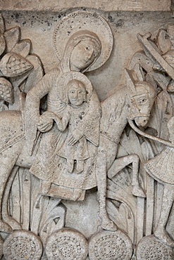 Romanesque bas-relief of the Flight into Egypt, capital of  Saint-Lazare Cathedral, Autun, Saone et Loire, Burgundy, France, Europe