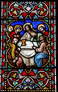 Stained glass window of the Last Supper, Saint-Samson cathedra, Dol-de-Bretagne, Ille-et-Vilaine, Brittany, France, Europe