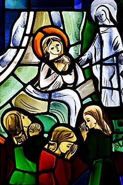 Stained glass depicting Sainte Therese de Lisieux healed by Mary in Notre-Dame-de-la-Trinite church, Bois, Loir-et-Cher, France, Europe