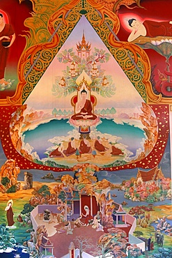 Detail of a mural painting in the Uposatha (shrine hall) of Buddhapadipa temple, Wimbledon, London, England, United Kingdom, Europe