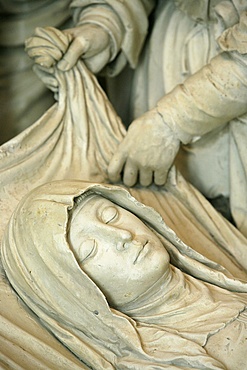 Detail of sculpture of Mary's entombment, Saint-Pierre de Solesmes Abbey church, Solesmes, Sarthe, Pays de la Loire, France, Europe