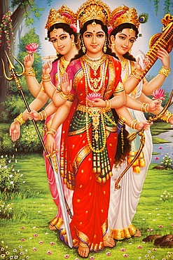 Picture of Hindu goddesses Parvati, Lakshmi and Saraswati, India, Asia