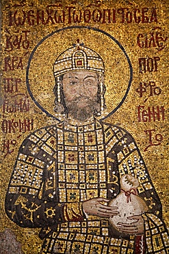 Mosaic of Emperor Ioannes I Comnenos holding a purse, symbolizing donation he made to the church, Hagia Sophia, Istanbul, Turkey, Europe