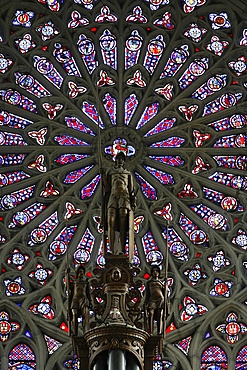 Rose window and statue of St. Maurice above the organ, St. Gatien Cathedral, Tours, Indre-et-Loire, France, Europe