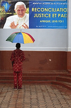 Poster of Pope Benedict's visit to Benin, Ouidah, Benin, West Africa, Africa