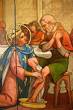 Painting depicting St. Louis washing a pauper's feet in Notre-Dame de Paris cathedral Treasure Museum, Paris, France, Europe