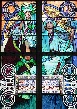 St. Vitus's Cathedral. stained glass of St. Cyril and Methodius by Alfons Mucha, Prague, Czech Republic, Europe