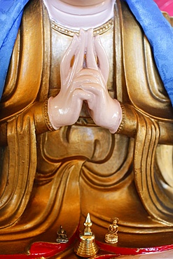 Detail of Buddha statue. Ksepana mudra, Tu An Buddhist Temple, Saint-Pierre-en-Faucigny, Haute Savoie, France, Europe