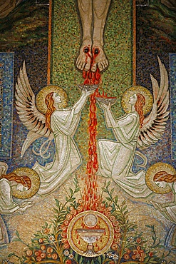 Detail of the mosaic by Antoine Molkenboer showing the Blood of Christ, Annecy, Haute Savoie, France, Europe