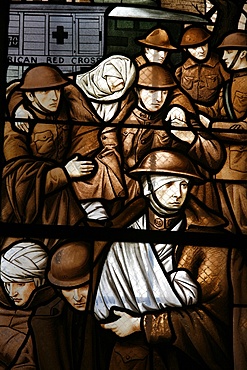 Stained glass depicting victims of the First World War, Semur-en-Auxois, Cote d'Or, Burgundy, France, Europe