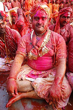 Barsana villagers celebrating Holi in Nandgaon, Uttar Pradesh, India, Asia