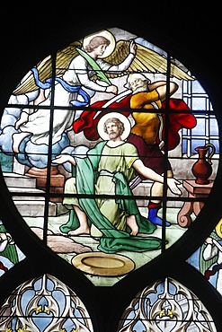 Depiction of the Martyrdom of St. John the Baptist in stained glass in Saint Severin church, Paris, France, Europe