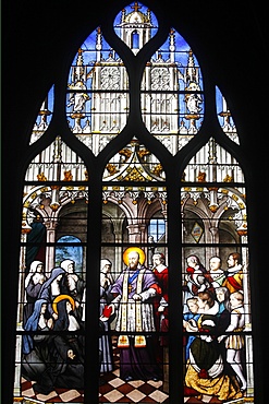 Stained glass depicting St. Francois of Sales founding the Visitation Monastic Order, Saint Severin church, Paris, France, Europe