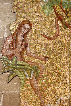 Mosaic of Eve and the serpent in Sacro Cuore di Gesu church, Gallipoli, Lecce, Apulia, Italy, Europe